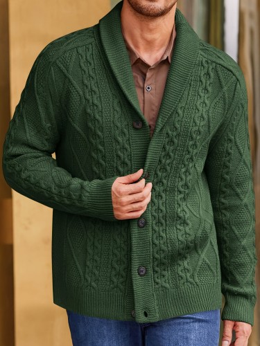 1pc Men'S Casual Acrylic Shawl Collar Cardigan - Solid Color Cable Knit Sweater with Pockets, Medium Stretch, Regular Fit, Lapel Collar, Button Down - Chunky Knit Fall\u002FWinter Outwear