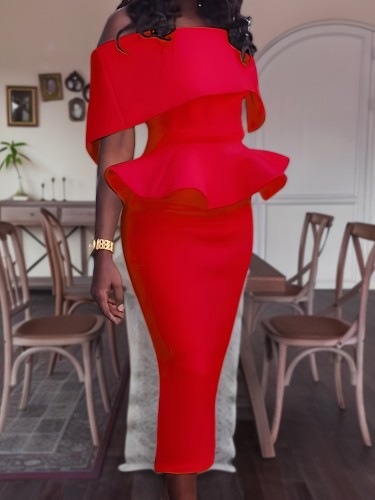Chic Solid Off Shoulder Zip Back Pencil Dress - Flattering Bag Hip, High Waist Midi Style - Perfect for Parties & Evening Events - Womens Fashion Clothing