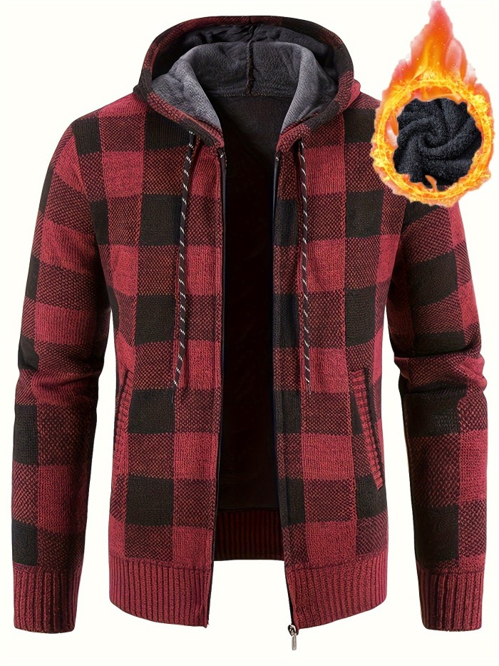 Cozy Plaid Hooded Cardigan Jacket - Soft, Warm, Slightly Stretchy, Zip-Up Design for Men - Perfect for Fall and Winter Casual Wear