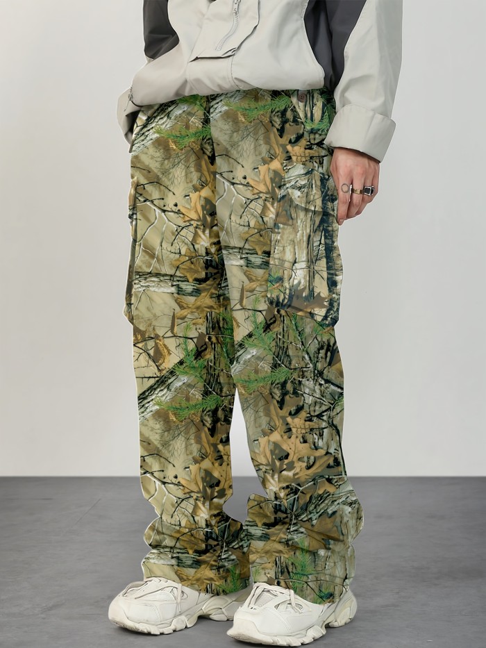 1pc Men'S Multicolor Camouflage Cargo Pants, Vintage Style, Non-Stretch Polyester, All-Season Loose Fit with Multiple Pockets and Drawstring, Regular Length, Woven Print Design for Outdoor Fitness and Trendy Casual Wear