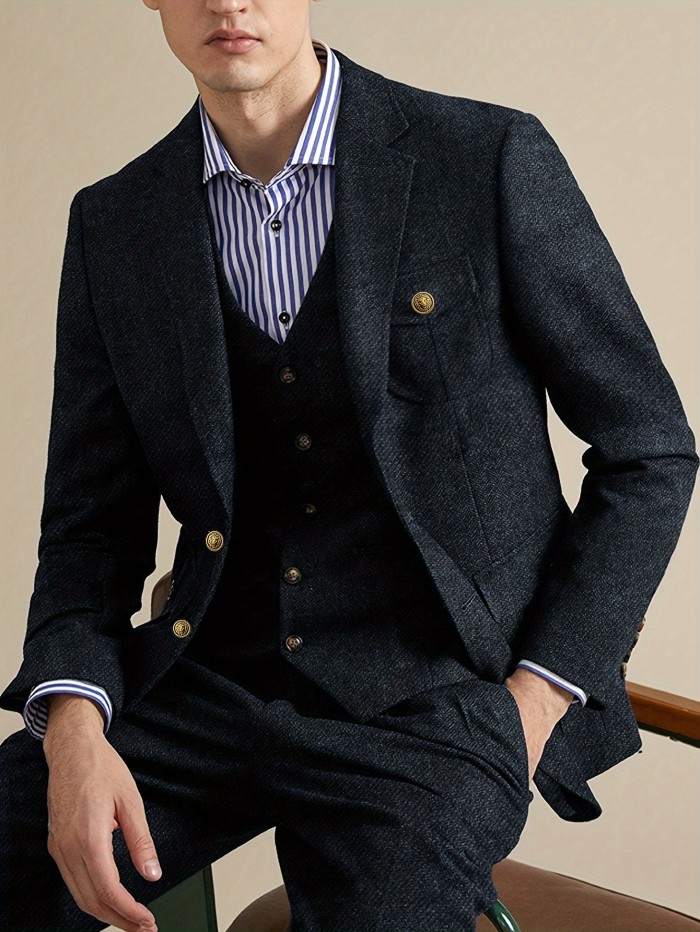 Men'S Tweed Blazer, Classic British Style, Casual Suit Jacket, Solid Color, Woven Fabric, Non-Stretch, Regular Fit, Long Sleeves, Spring\u002FAutumn Season, Pocket Detail, Notched Lapel