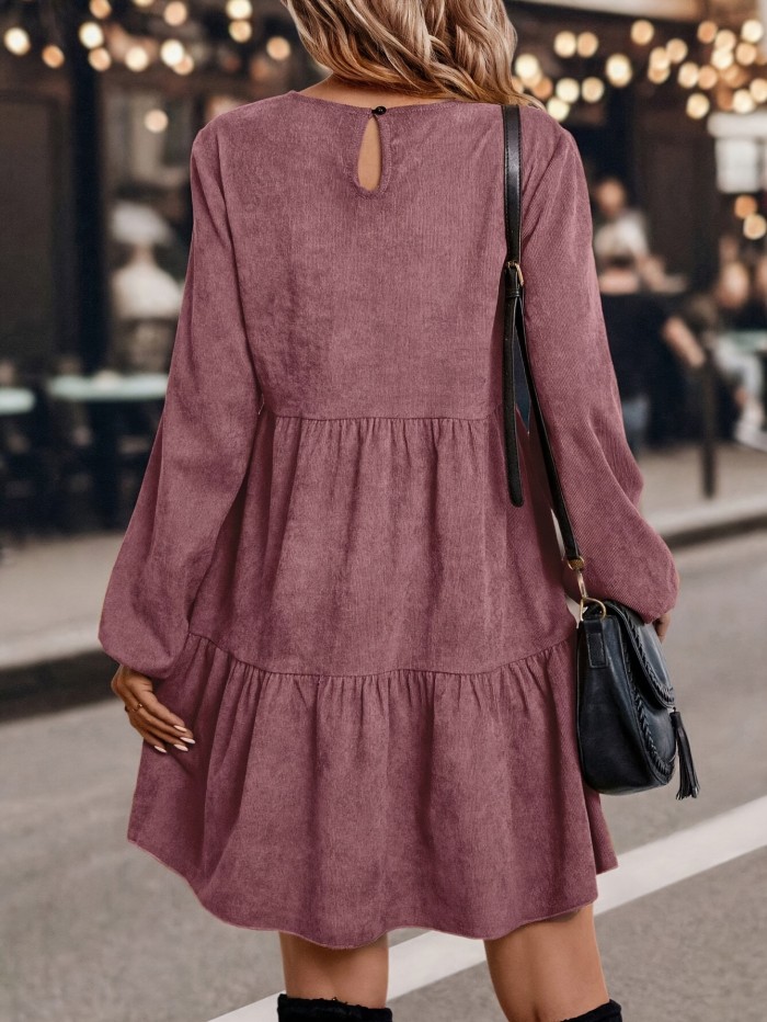 For Spring & Fall, Long Sleeve Solid Color Crew Neck Casual Tucked Dress, Women's Clothing