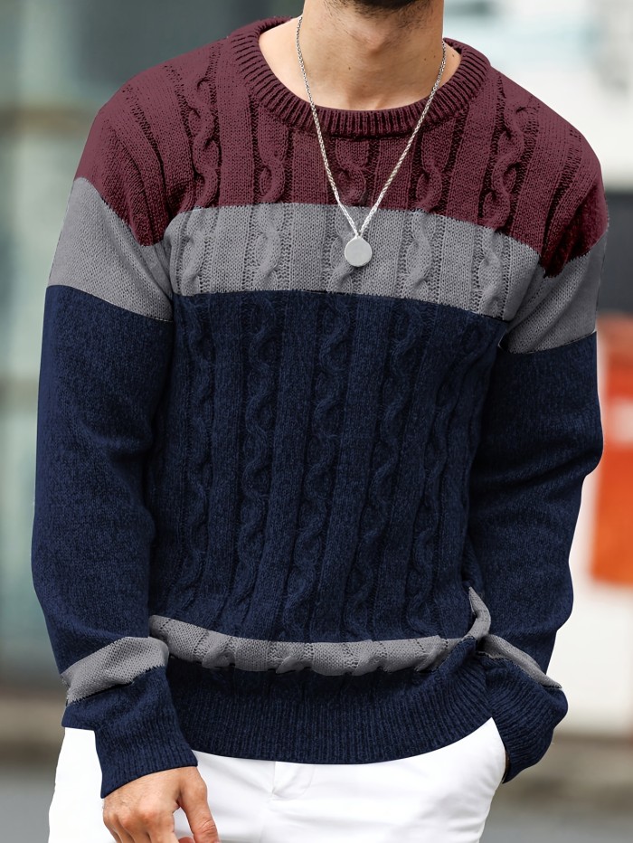 Men's Color Block Knit Sweater - Casual Crew Neck Long Sleeve Pullover for Fall\u002FWinter, Polyester Blend, Regular Fit
