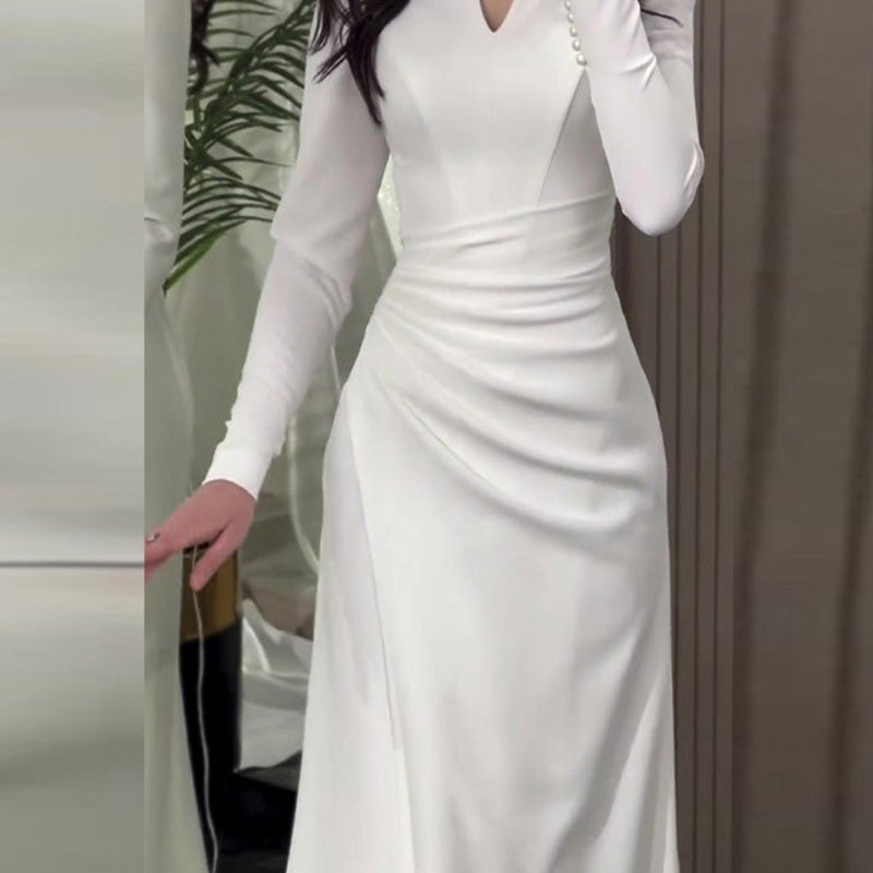 Elegant V-Neck Long Sleeve Bodycon Dress for Women - Solid Color, Slim Fit with Cinched Waist, Polyester & Elastane Blend, Non-Stretch, Perfect for All Seasons, Hand or Dry Clean Only