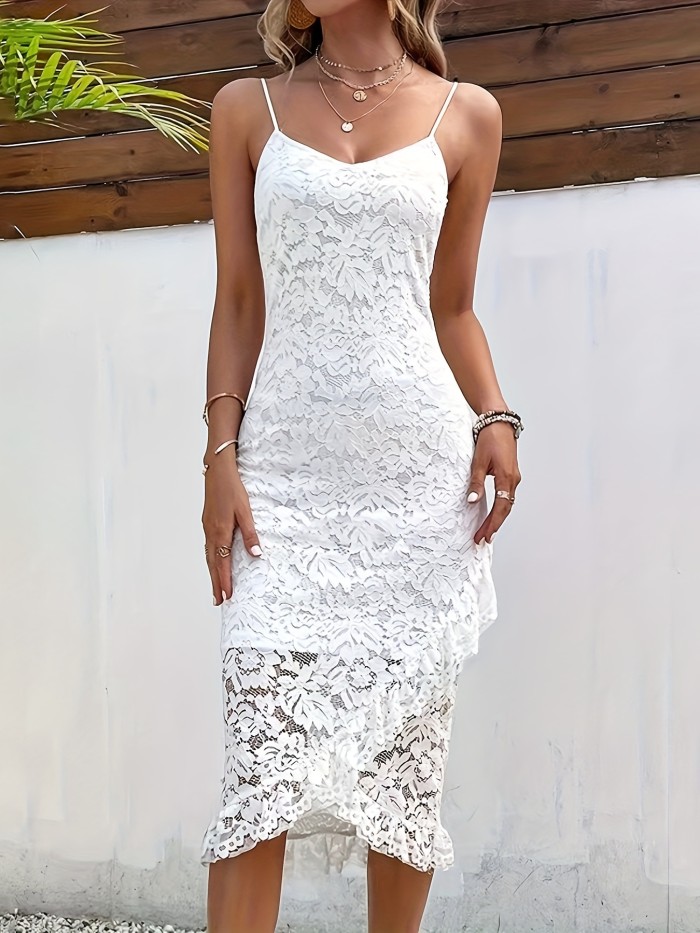 Flirty Ruffle Trim V-neck Cami Dress - Seamless Sleeveless Bodycon Fit - Perfect for Spring & Summer - Trendy Womens Clothing