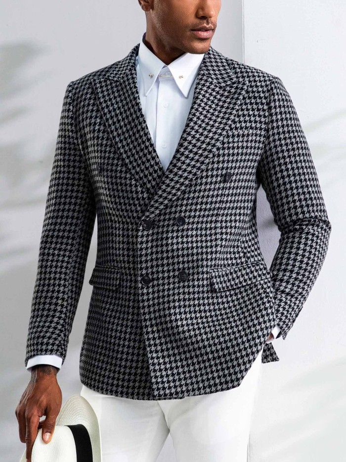 Men's Classic Houndstooth Double-Breasted Blazer - Casual & Elegant, Long Sleeve with Real Pockets, Perfect for All Seasons