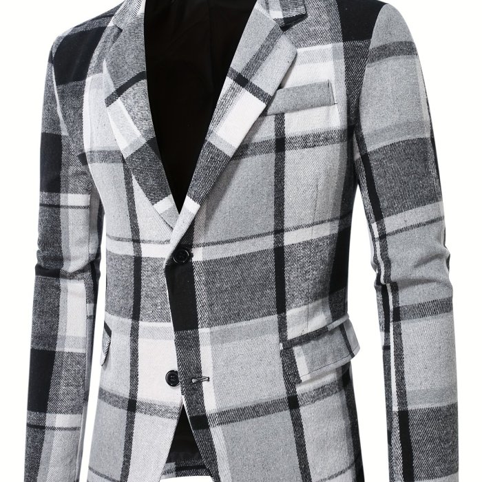 Men's Checkered Graphic Print Blazer With Pockets, Casual Two Button Lapel Suit Jacket For Spring Fall Business Banquets, Parties