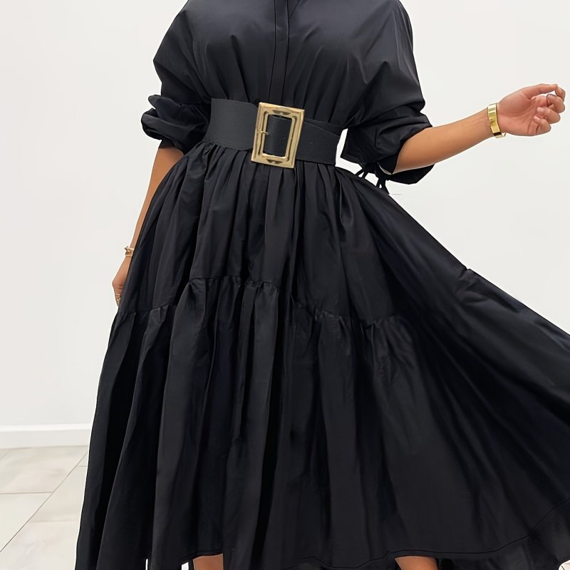 Chic Solid Color Pleated Maxi Dress - Elegant Long Sleeve Collared Design, Flowy Loose Fit, Perfect for Spring & Fall, Women's Clothing for Casual Occasions