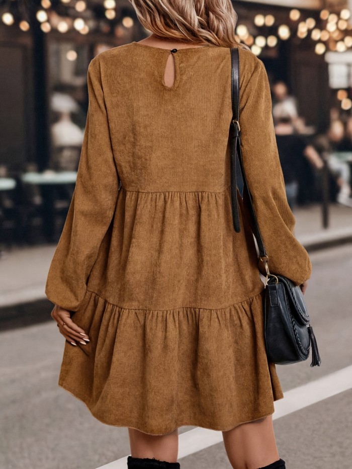 For Spring & Fall, Long Sleeve Solid Color Crew Neck Casual Tucked Dress, Women's Clothing