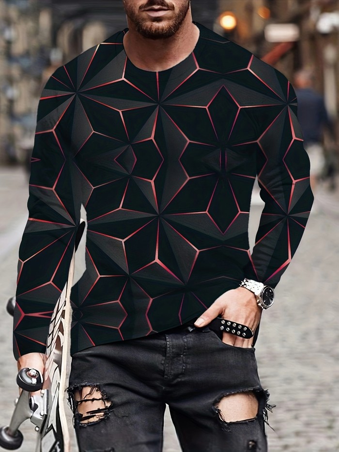 Versatile 3D Geometric Print Men's Casual T-Shirt - Comfortable, Durable & Easy-Care for All-Season Wear