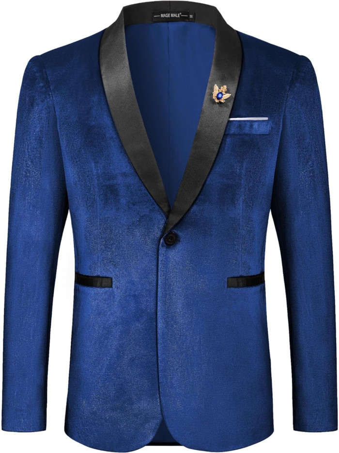 Plus Size Velvet One Button MAGE MALE Men's Slim Fit Suit Blazer Shawl Lapel Dinner Prom Wedding Tuxedo Jacket