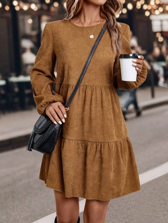 For Spring & Fall, Long Sleeve Solid Color Crew Neck Casual Tucked Dress, Women's Clothing