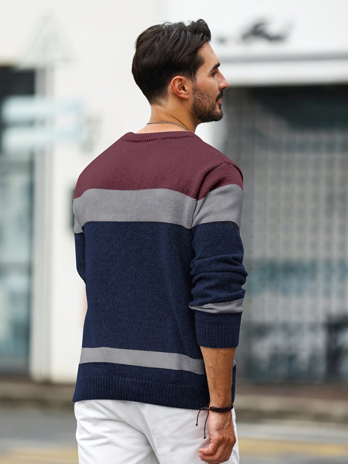 Men's Color Block Knit Sweater - Casual Crew Neck Long Sleeve Pullover for Fall\u002FWinter, Polyester Blend, Regular Fit