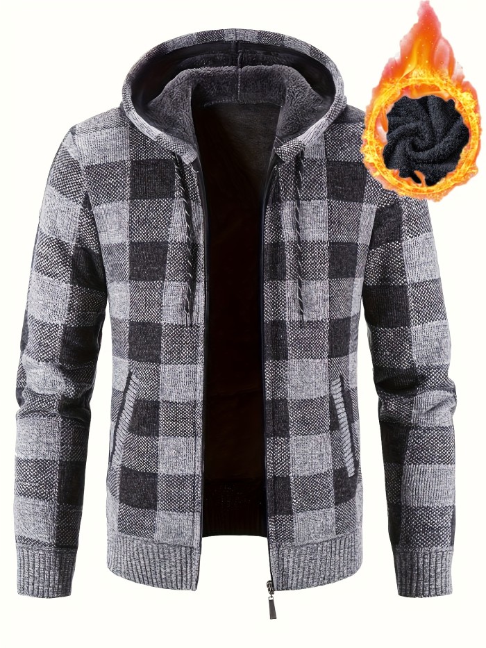 Cozy Plaid Hooded Cardigan Jacket - Soft, Warm, Slightly Stretchy, Zip-Up Design for Men - Perfect for Fall and Winter Casual Wear