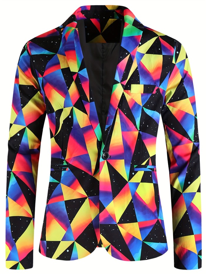 3D Geometric Blazer Jacket - Vibrant Digital Print, Slim Fit, Casual Party Suit Coat for Men - Perfect for Fashionable Evening Occasions