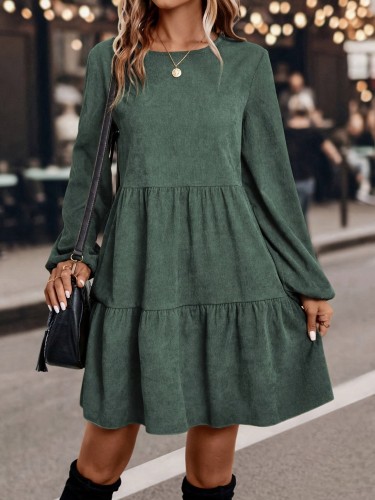 For Spring & Fall, Long Sleeve Solid Color Crew Neck Casual Tucked Dress, Women's Clothing