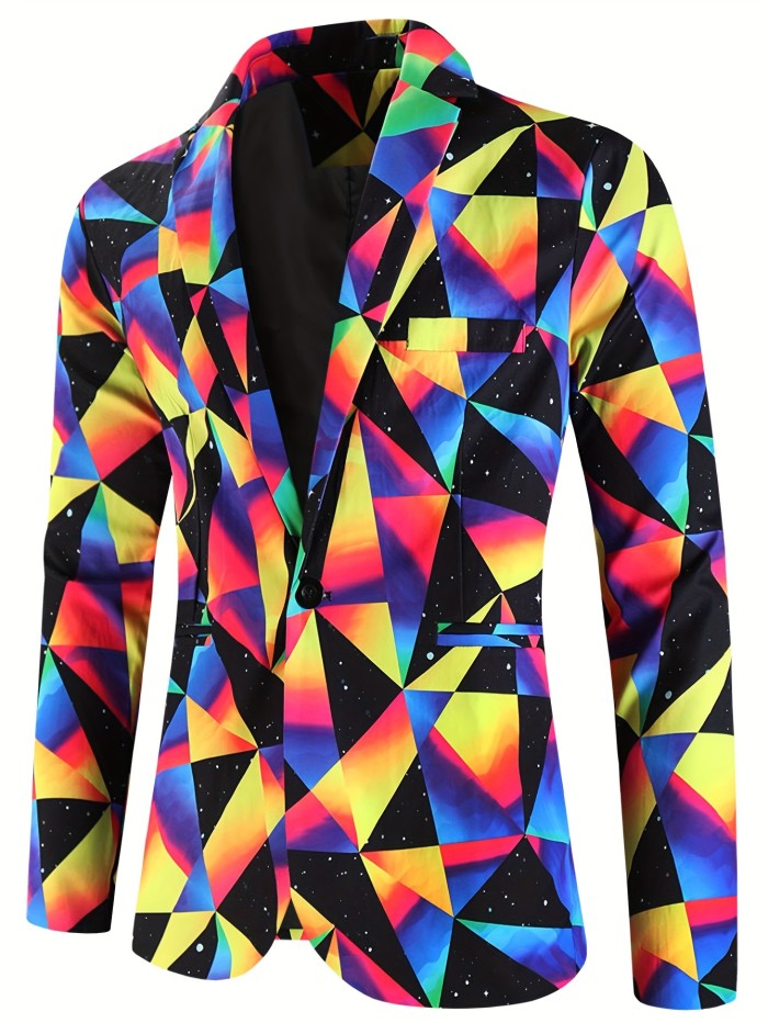 3D Geometric Blazer Jacket - Vibrant Digital Print, Slim Fit, Casual Party Suit Coat for Men - Perfect for Fashionable Evening Occasions