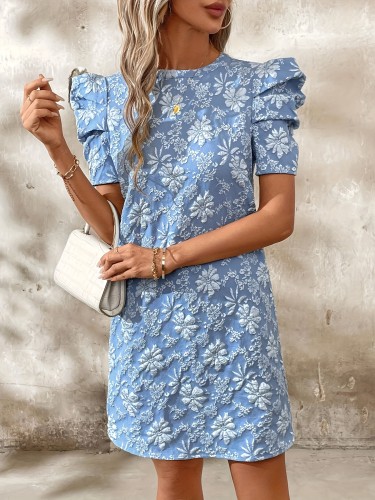 1pc Elegant Floral Jacquard Women'S Tunic Dress - Polyester Crew Neck Short Sleeve Summer Dress with Textured, Woven Puff Sleeves, Brief Length
