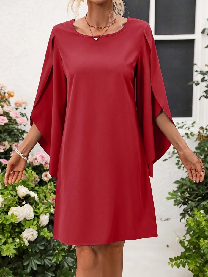 Elegant Solid Color Midi Dress with Petal Sleeves and Side Slits - Crew Neck, Loose Fit for Women - Perfect for Spring, Summer & Fall