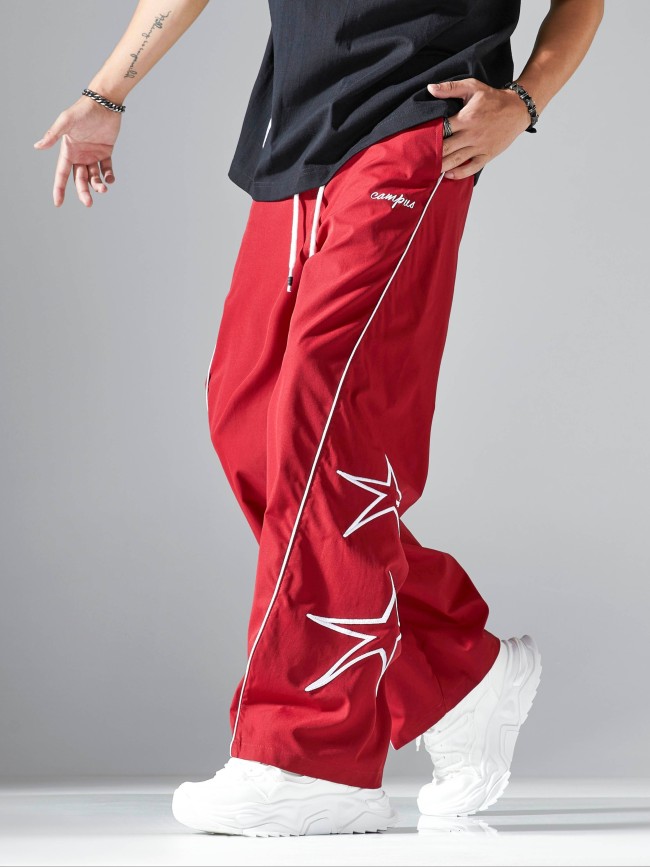 Men's Casual Striped & Star Pattern Drawstring Wide-Leg Pants - Polyester, Machine Washable, Non-Stretch, All-Season Comfort Fit with Pockets, Perfect for Outdoor Activities