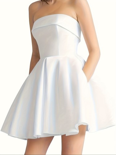 1pc Elegant Polyester Satin Off-Shoulder Bandeau Dress for Women - Solid Color Sleeveless A-Line Cocktail Dress with Lace-Up Detail and Chest Pad for All Seasons