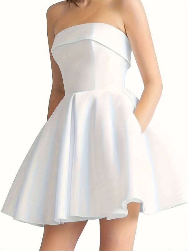 1pc Elegant Polyester Satin Off-Shoulder Bandeau Dress for Women - Solid Color Sleeveless A-Line Cocktail Dress with Lace-Up Detail and Chest Pad for All Seasons