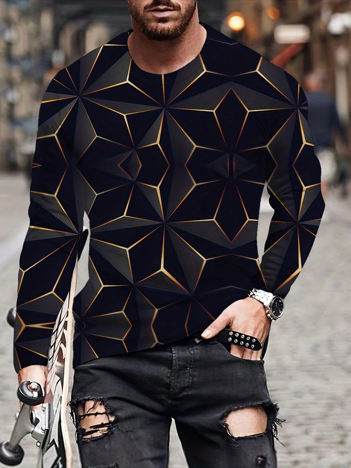Versatile 3D Geometric Print Men's Casual T-Shirt - Comfortable, Durable & Easy-Care for All-Season Wear