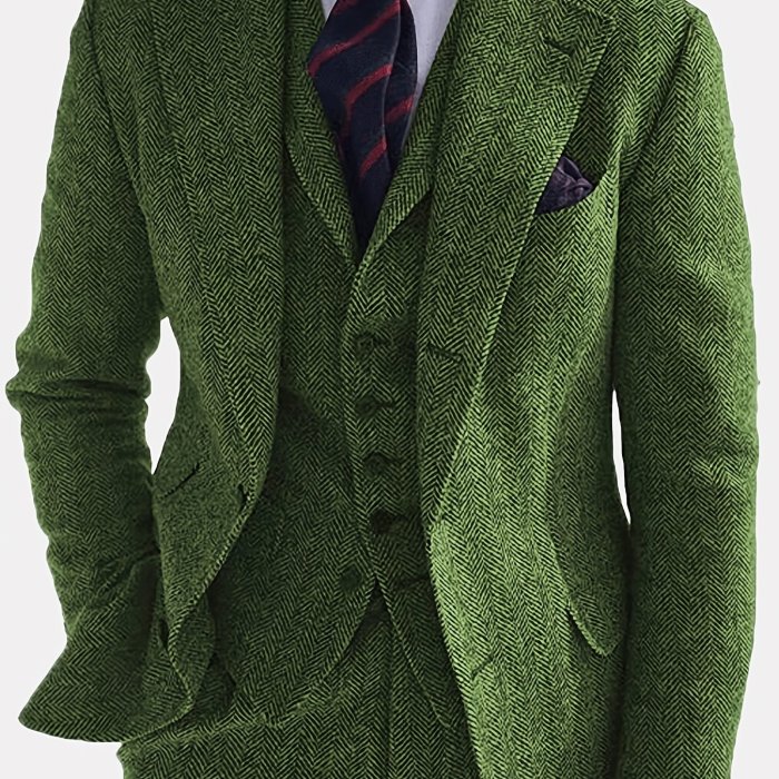 Men's Green Tweed Notch Lapel Blazer with Button Detail - Polyester, Machine Washable, Fall\u002FWinter Fashion, PLUS SIZE