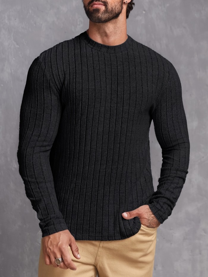 Ribbed Mens Slim Fit High Stretch Knitted T-Shirt - Ultra-Comfortable Long Sleeve Pullover for Spring & Fall - Versatile Round Neck Top