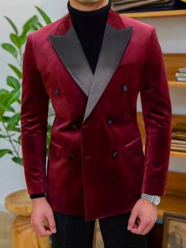 Luxurious Velvet Double Breasted Blazer - Exquisite Business Casual High-Quality Red Suit Jacket with Elegant Style, Soft Touch, and Classic Fit for Men - Perfect for Formal Events, Weddings, and Job Interviews