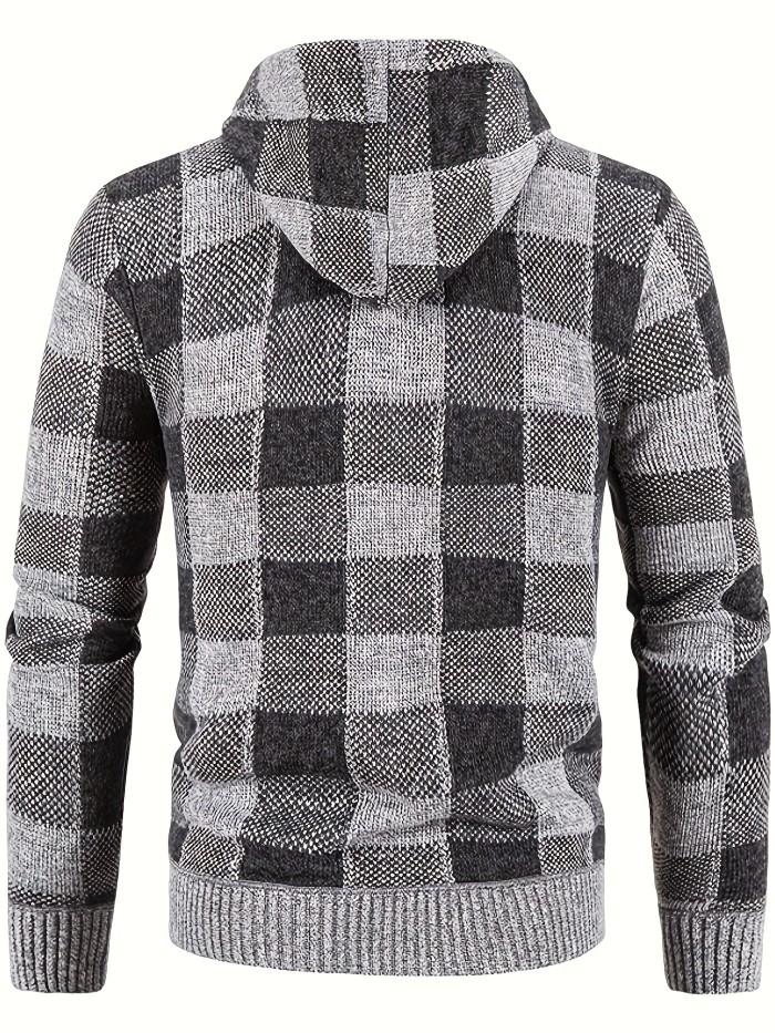 Cozy Plaid Hooded Cardigan Jacket - Soft, Warm, Slightly Stretchy, Zip-Up Design for Men - Perfect for Fall and Winter Casual Wear