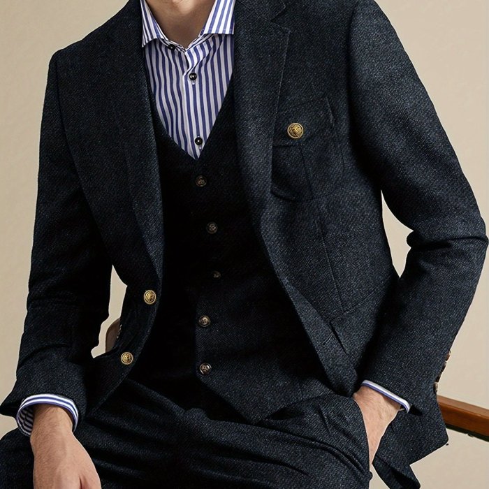 Men'S Tweed Blazer, Classic British Style, Casual Suit Jacket, Solid Color, Woven Fabric, Non-Stretch, Regular Fit, Long Sleeves, Spring\u002FAutumn Season, Pocket Detail, Notched Lapel
