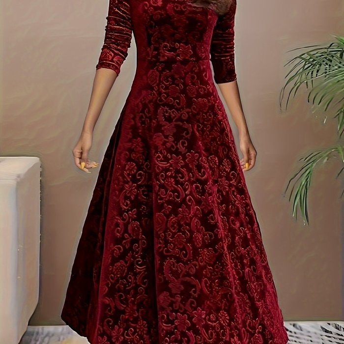 Vibrant Floral Velvet Aline Dress - Elegant Long Sleeve, Square Neck, Swing Design, Soft and Comfortable, Perfect for Spring and Fall, Women's Clothing
