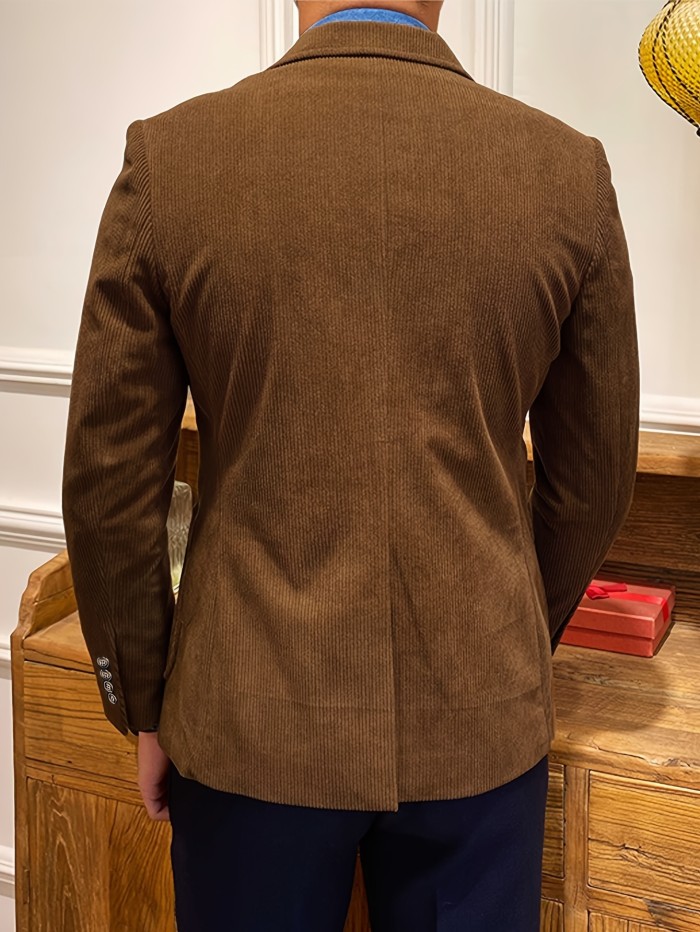 Men's Corduroy Blazer - Casual Single-Breasted Jacket with Suit Collar, Solid Color, Perfect for Fall\u002FWinter