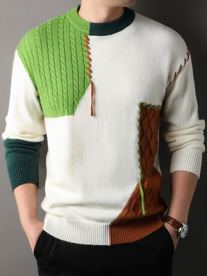 1pc Men'S Korean Style Crew Neck Sweater, Casual Striped Pattern, Rib-Knit, Slight Stretch, Loose Fit, Acrylic Knit Fabric, Thick Warm Patchwork Pullover for Fall\u002FWinter - Fashionable Color Block Base Layer Top 12422