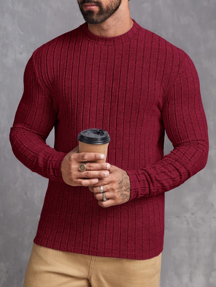Ribbed Mens Slim Fit High Stretch Knitted T-Shirt - Ultra-Comfortable Long Sleeve Pullover for Spring & Fall - Versatile Round Neck Top
