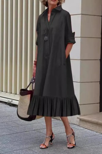Women's A-line Fashion Pleated Solid Color Lapel Solid Color Long Sleeve Lapel Dress