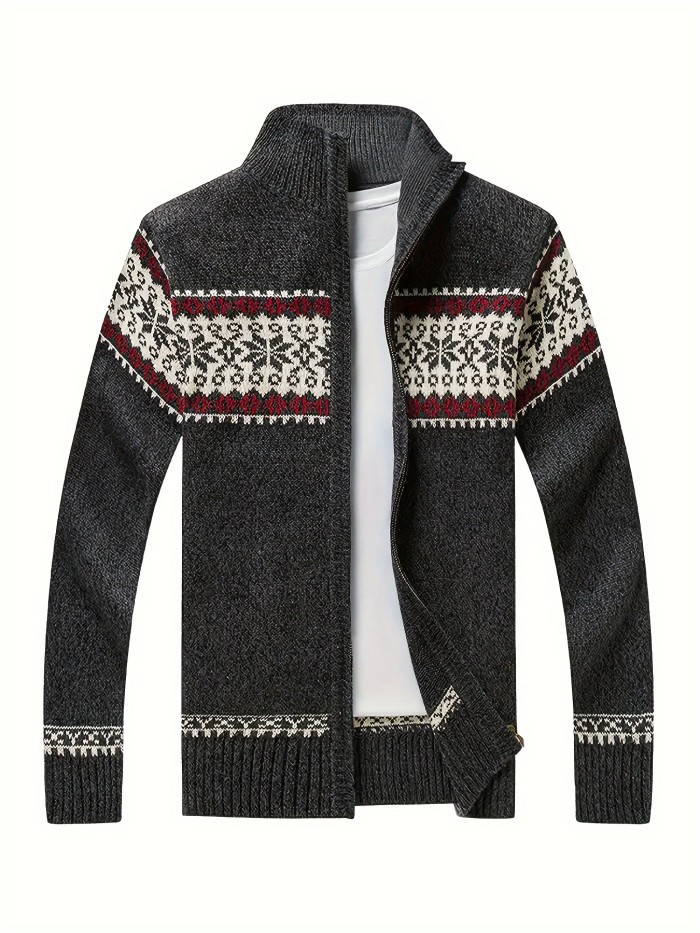 Geometric Snowflake Cardigan - Classic Style, Loose Fit, Stand Collar, Zip Up, Graphic Knit, Leisure Top for Winter and Fall, Cozy and Warm