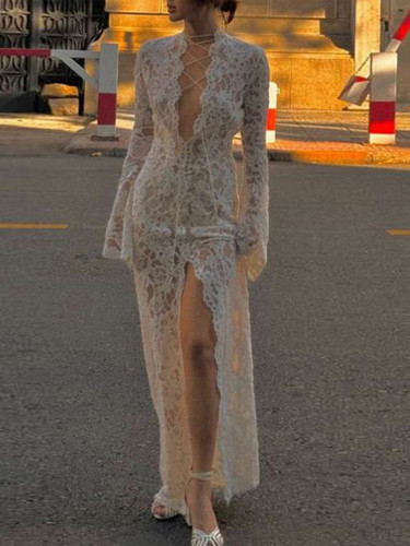 Elegant Sheer Lace Maxi Dress for Women - Long Sleeve, V-Neck with Floral Tie Detail & High Slit, Slim Fit Mesh Gown
