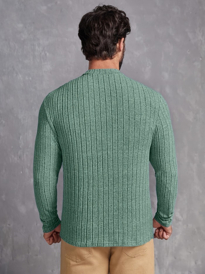 Ribbed Mens Slim Fit High Stretch Knitted T-Shirt - Ultra-Comfortable Long Sleeve Pullover for Spring & Fall - Versatile Round Neck Top