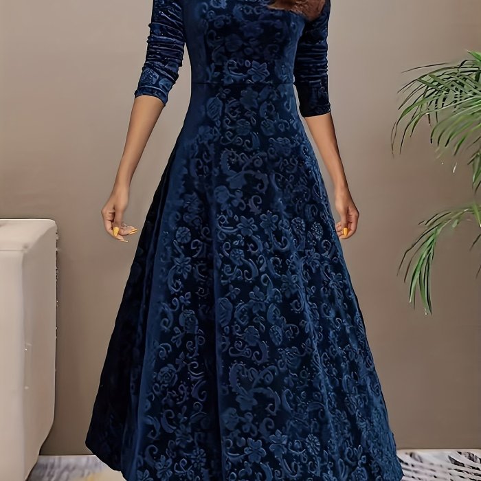 Vibrant Floral Velvet Aline Dress - Elegant Long Sleeve, Square Neck, Swing Design, Soft and Comfortable, Perfect for Spring and Fall, Women's Clothing