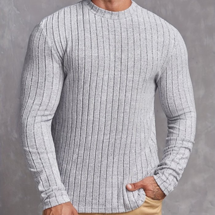 Ribbed Mens Slim Fit High Stretch Knitted T-Shirt - Ultra-Comfortable Long Sleeve Pullover for Spring & Fall - Versatile Round Neck Top