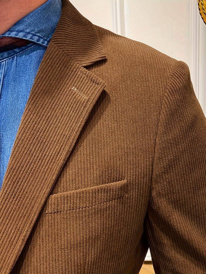 Men's Corduroy Blazer - Casual Single-Breasted Jacket with Suit Collar, Solid Color, Perfect for Fall\u002FWinter