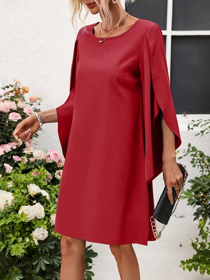 Elegant Solid Color Midi Dress with Petal Sleeves and Side Slits - Crew Neck, Loose Fit for Women - Perfect for Spring, Summer & Fall