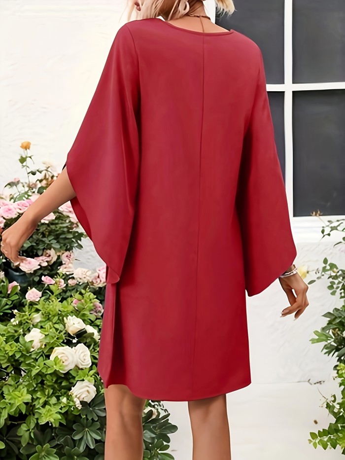 Elegant Solid Color Midi Dress with Petal Sleeves and Side Slits - Crew Neck, Loose Fit for Women - Perfect for Spring, Summer & Fall