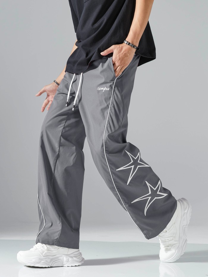 Men's Casual Striped & Star Pattern Drawstring Wide-Leg Pants - Polyester, Machine Washable, Non-Stretch, All-Season Comfort Fit with Pockets, Perfect for Outdoor Activities