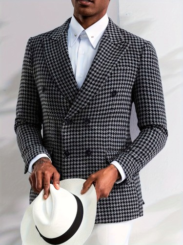Men's Classic Houndstooth Double-Breasted Blazer - Casual & Elegant, Long Sleeve with Real Pockets, Perfect for All Seasons