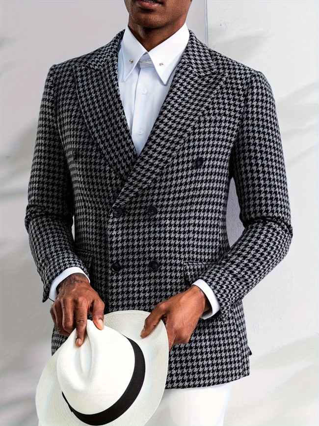 Men's Classic Houndstooth Double-Breasted Blazer - Casual & Elegant, Long Sleeve with Real Pockets, Perfect for All Seasons