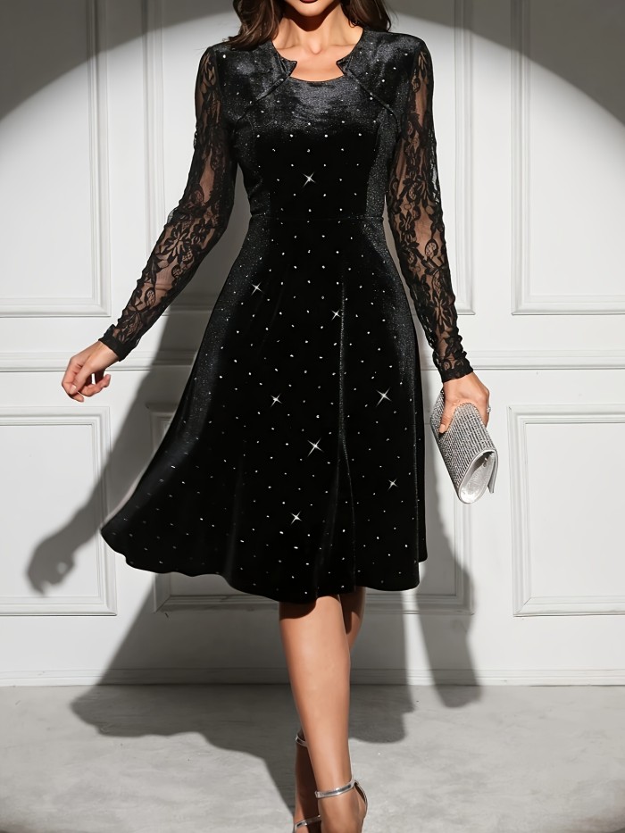 Elegant Black Slim-Fit Dress for Women - Crew Neck, Lace Detail, Non-Stretch Polyester - Perfect for Spring\u002FFall