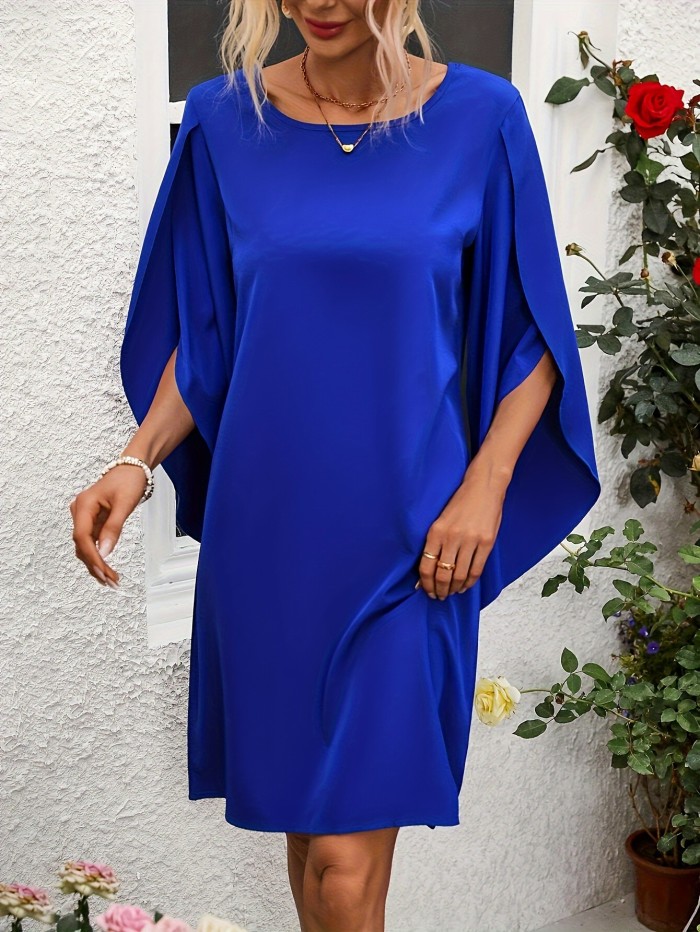 Elegant Solid Color Midi Dress with Petal Sleeves and Side Slits - Crew Neck, Loose Fit for Women - Perfect for Spring, Summer & Fall